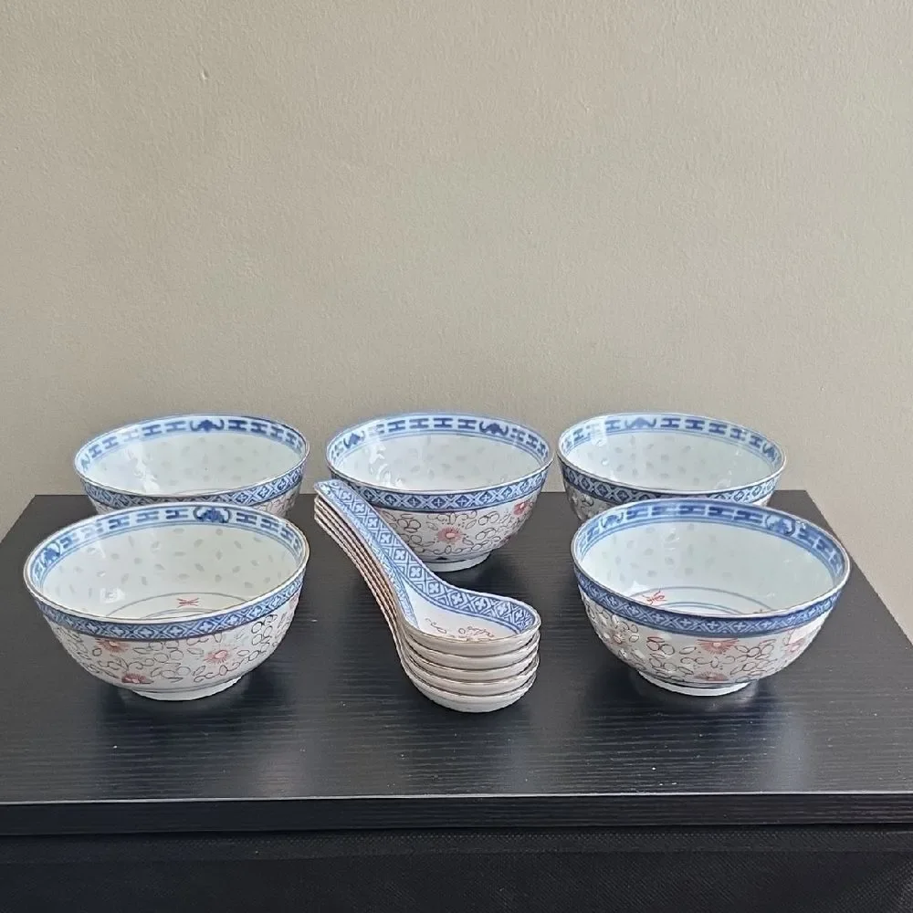 Vintage Set Of China Sushi Bowls and Spoons
